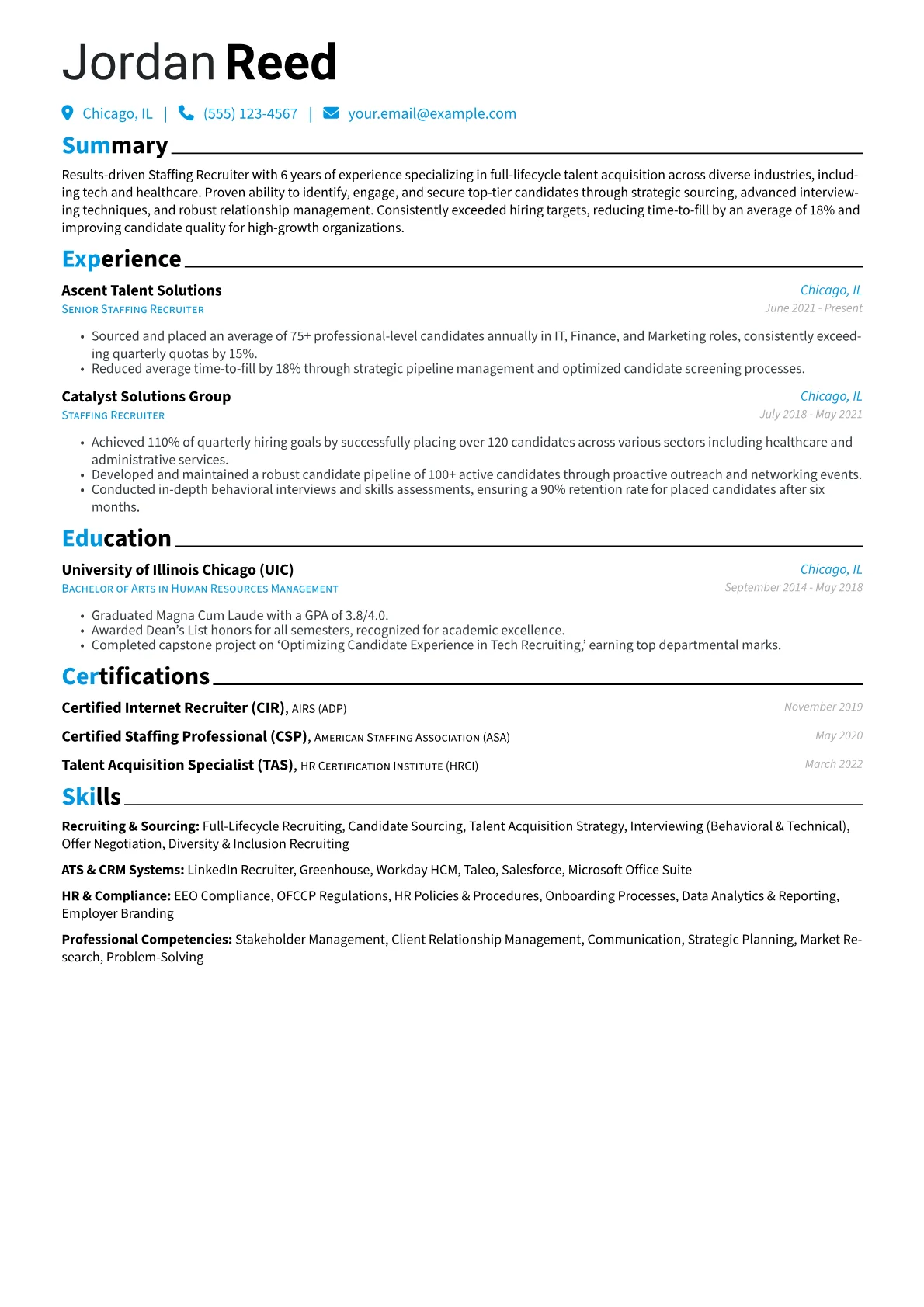 Staffing Recruiter Resume Example CV template - Page 1