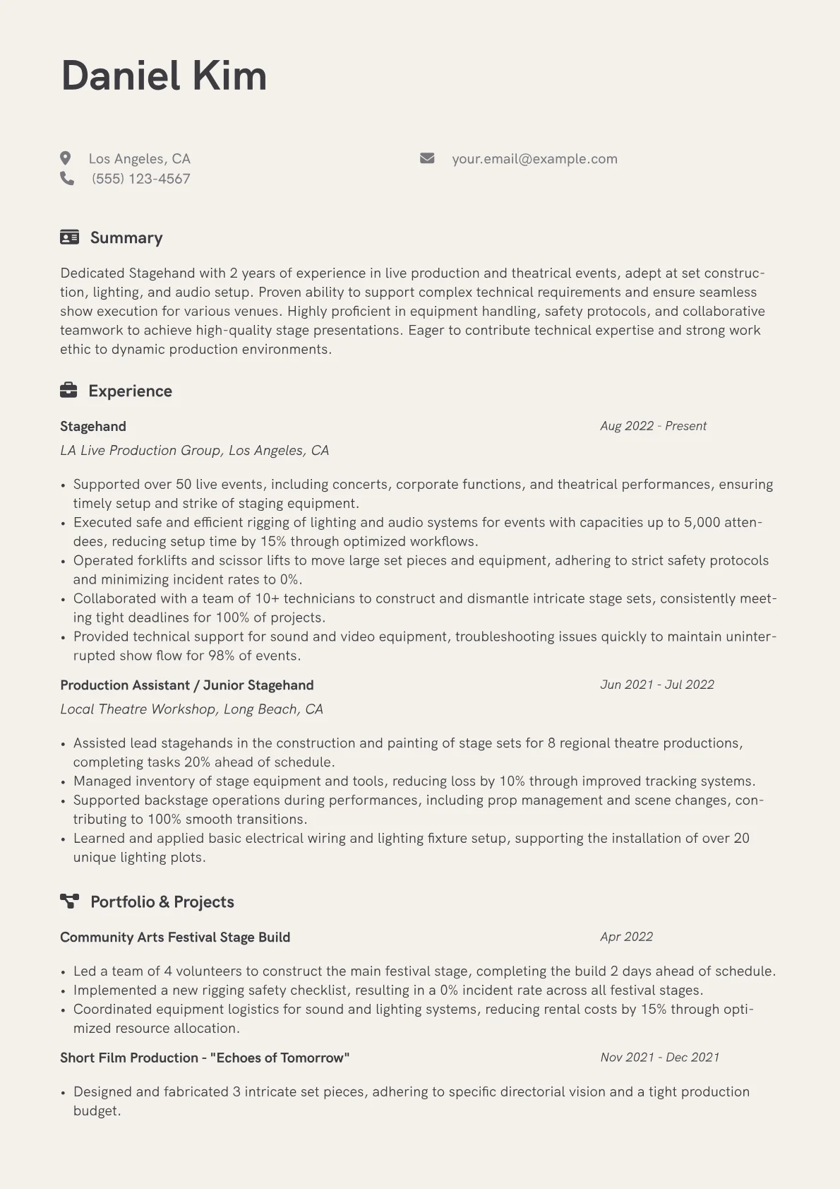 Stagehand Resume Example CV template - Page 1