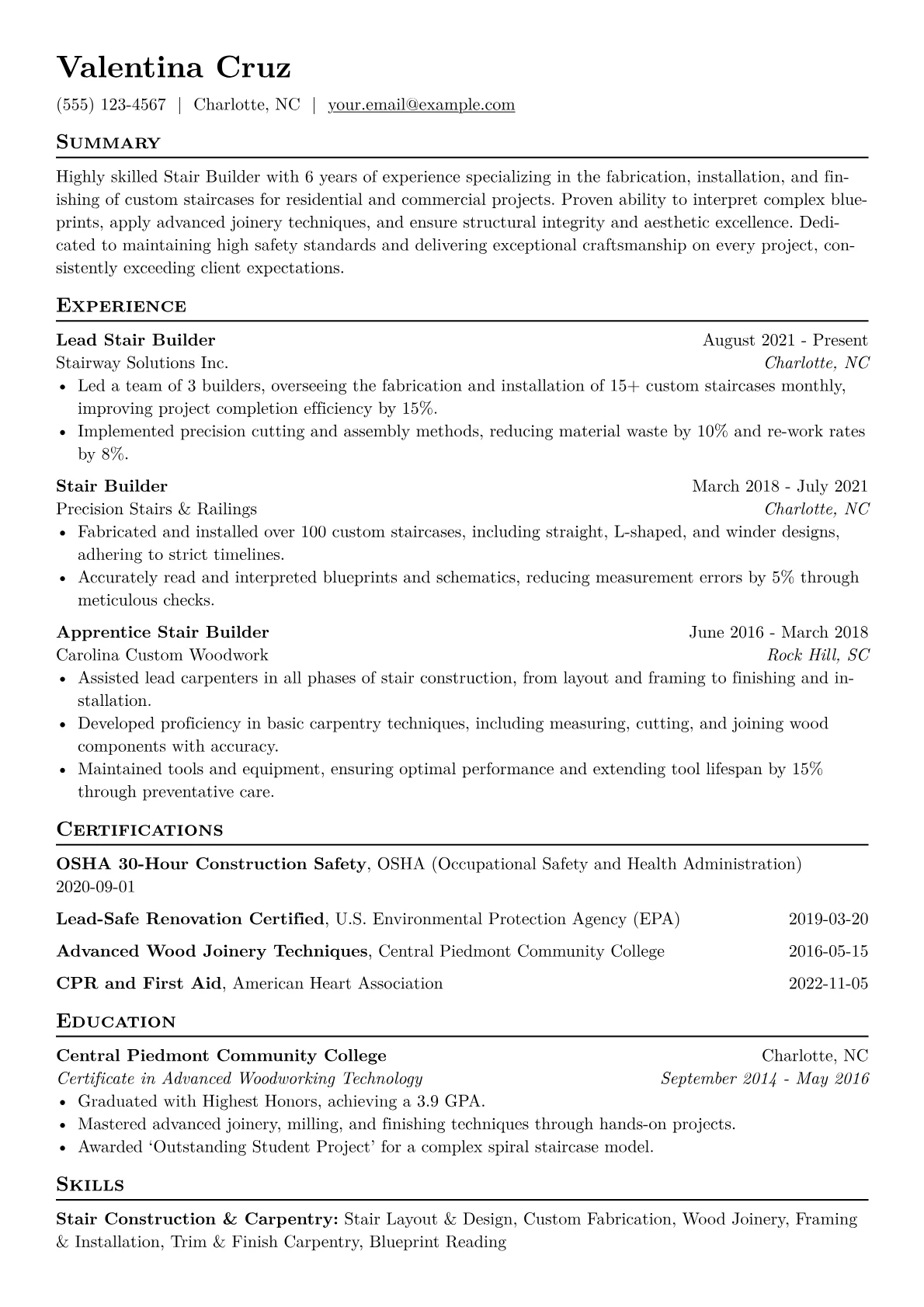 Stair Builder Resume Example CV template - Page 1