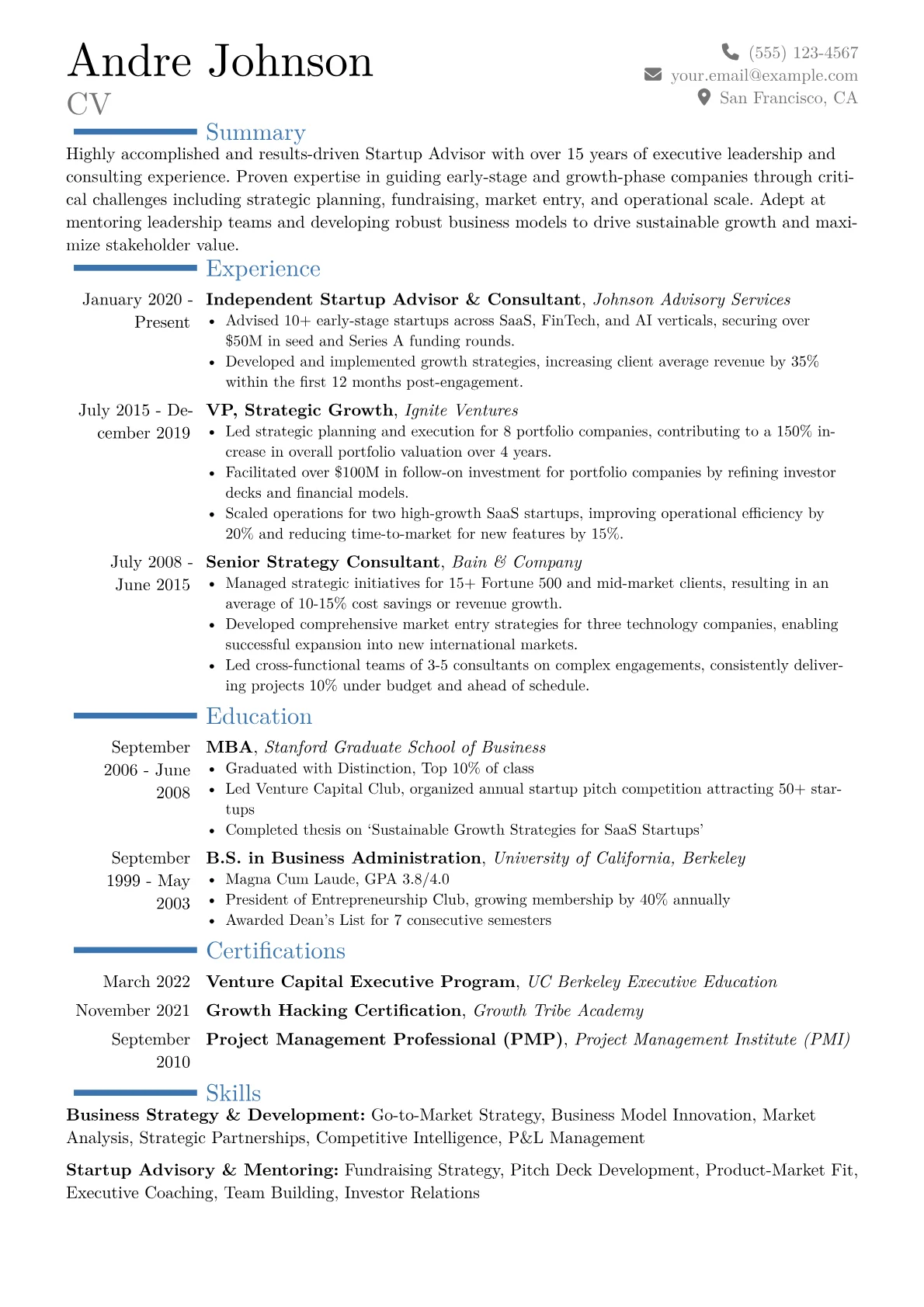 Startup Advisor Resume Example CV template - Page 1