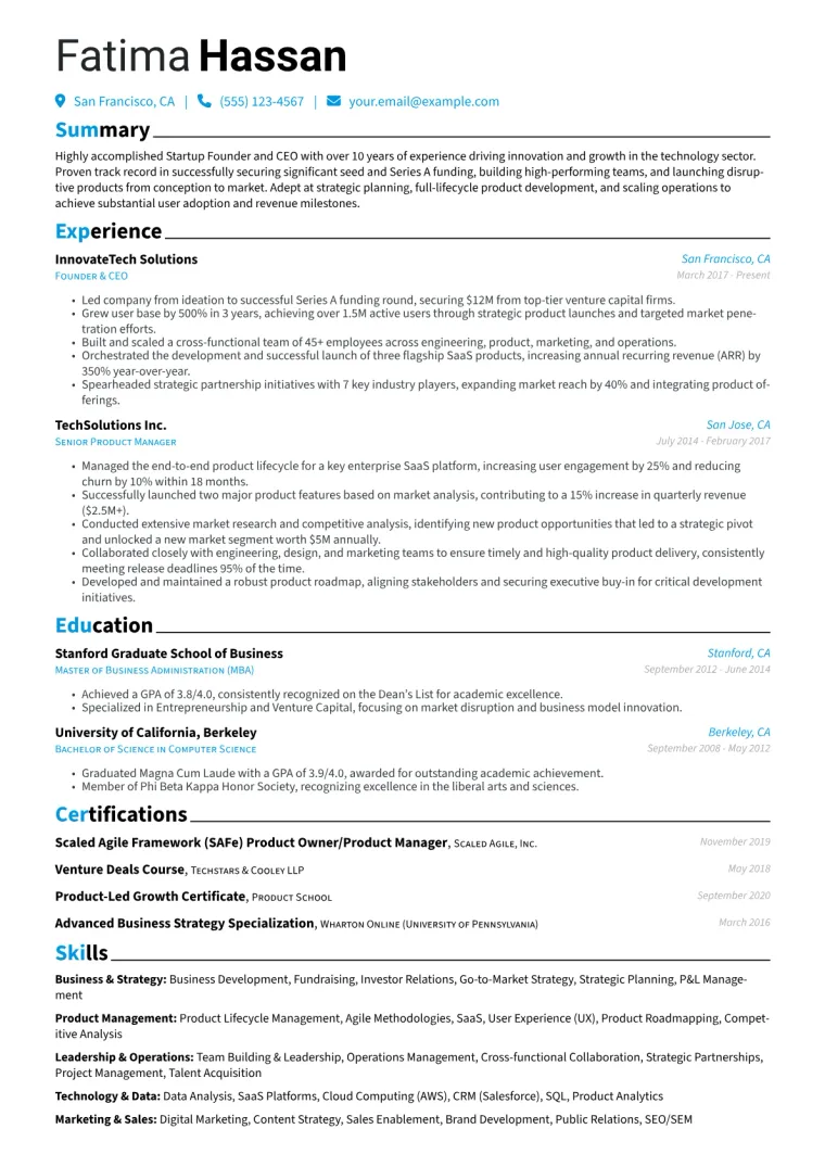 Startup Founder Resume Example CV template preview