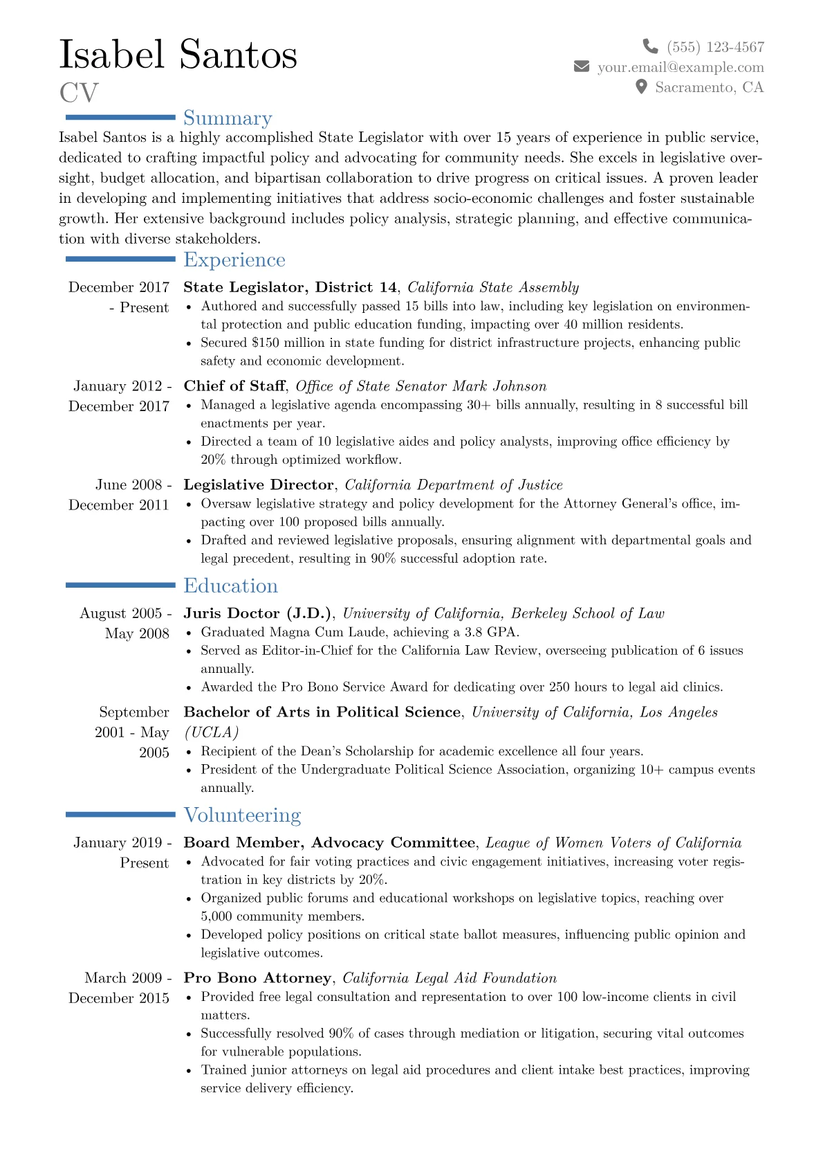 State Legislator Resume Example CV template - Page 1