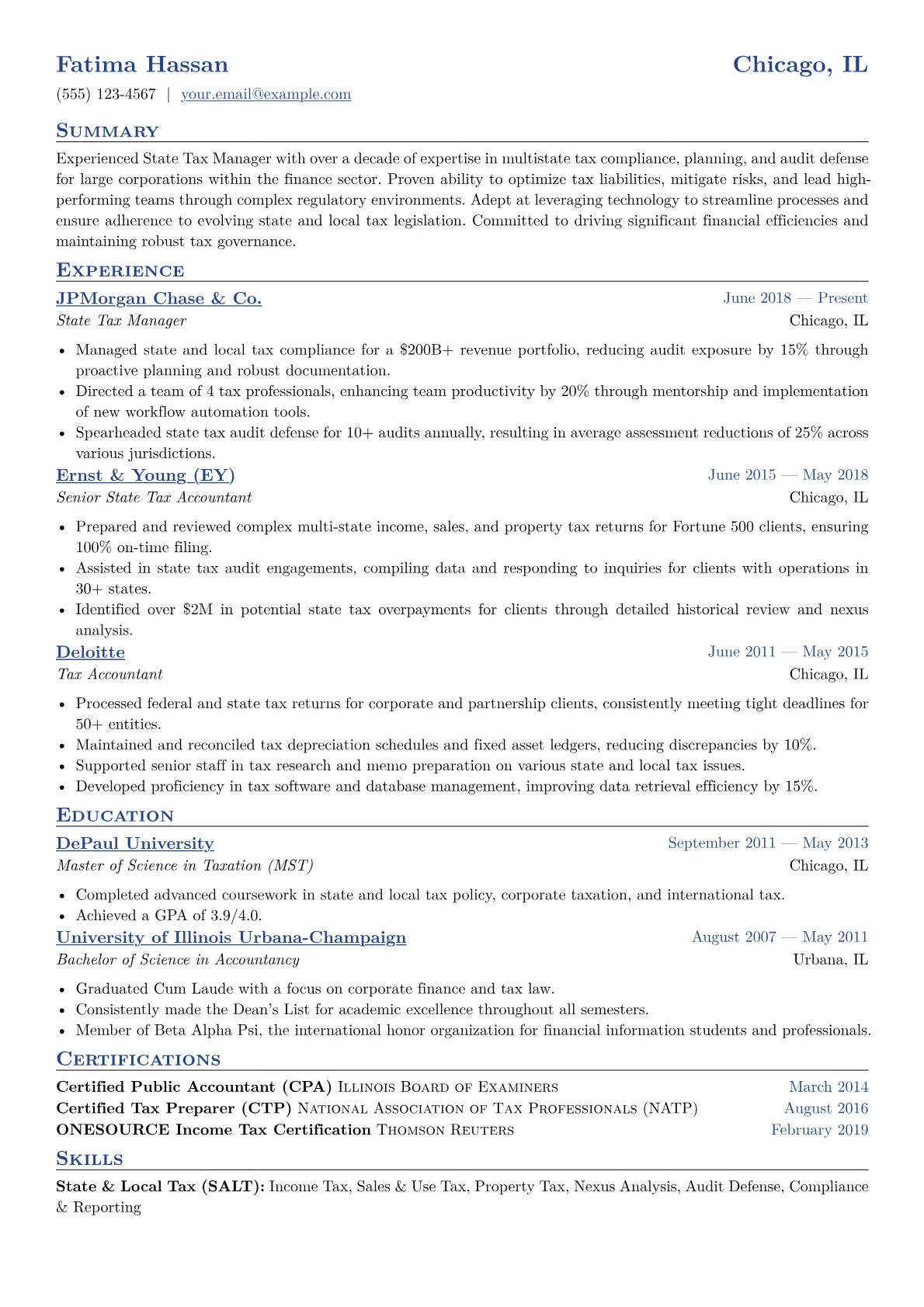 State Tax Manager Resume Example CV template - Page 1