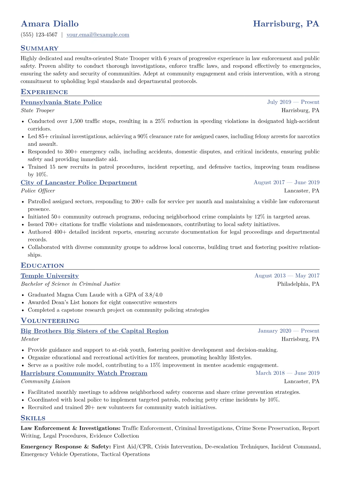 State Trooper Resume Example CV template - Page 1