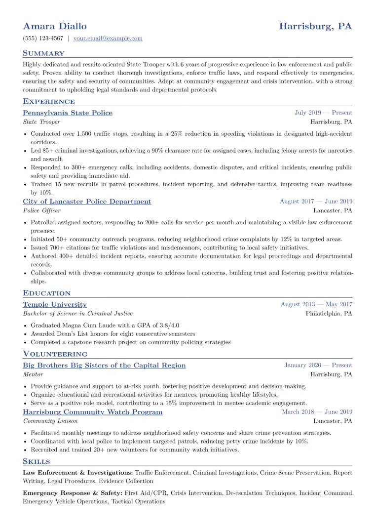 State Trooper Resume Example CV template preview