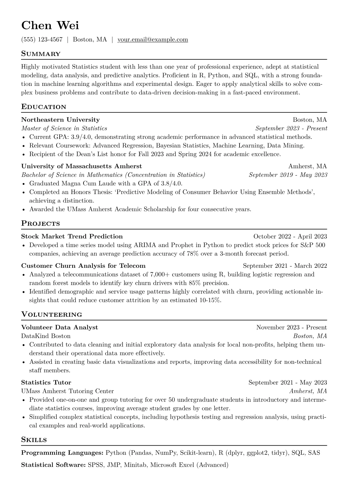 Statistics Student Resume Example CV template - Page 1