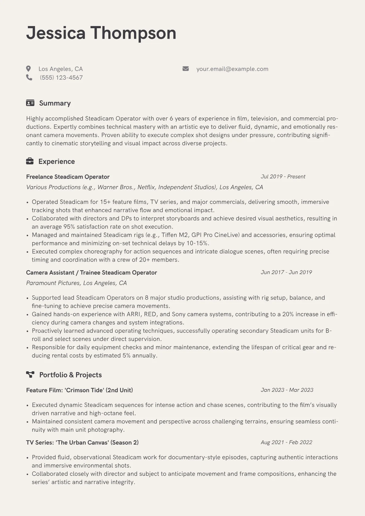 Steadicam Operator Resume Example CV template - Page 1