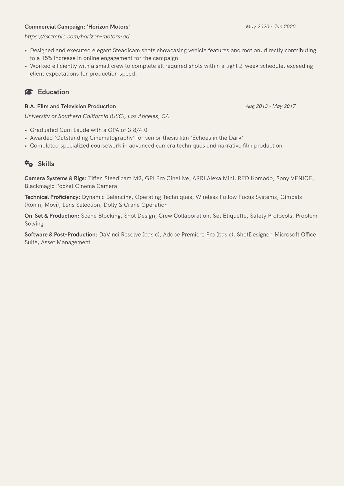 Steadicam Operator Resume Example CV template - Page 2