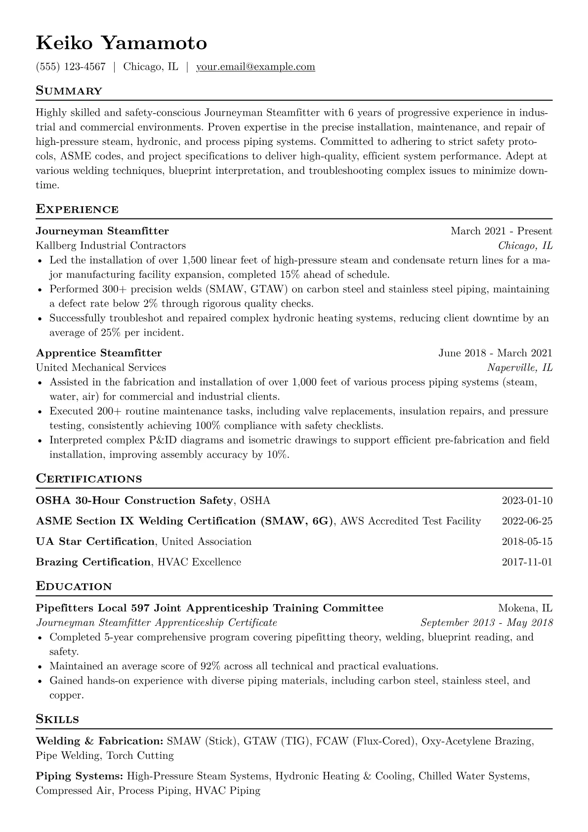 Steamfitter Resume Example CV template - Page 1