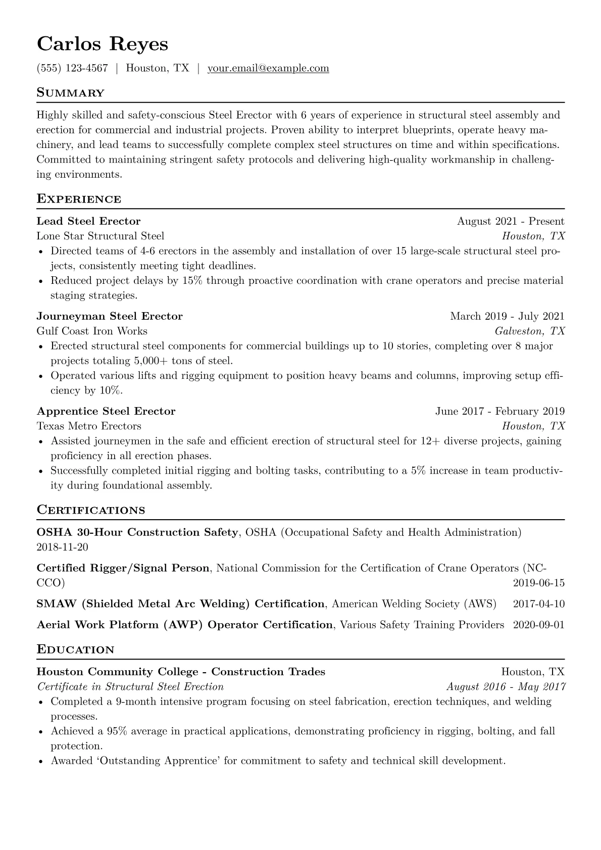 Steel Erector Resume Example CV template - Page 1