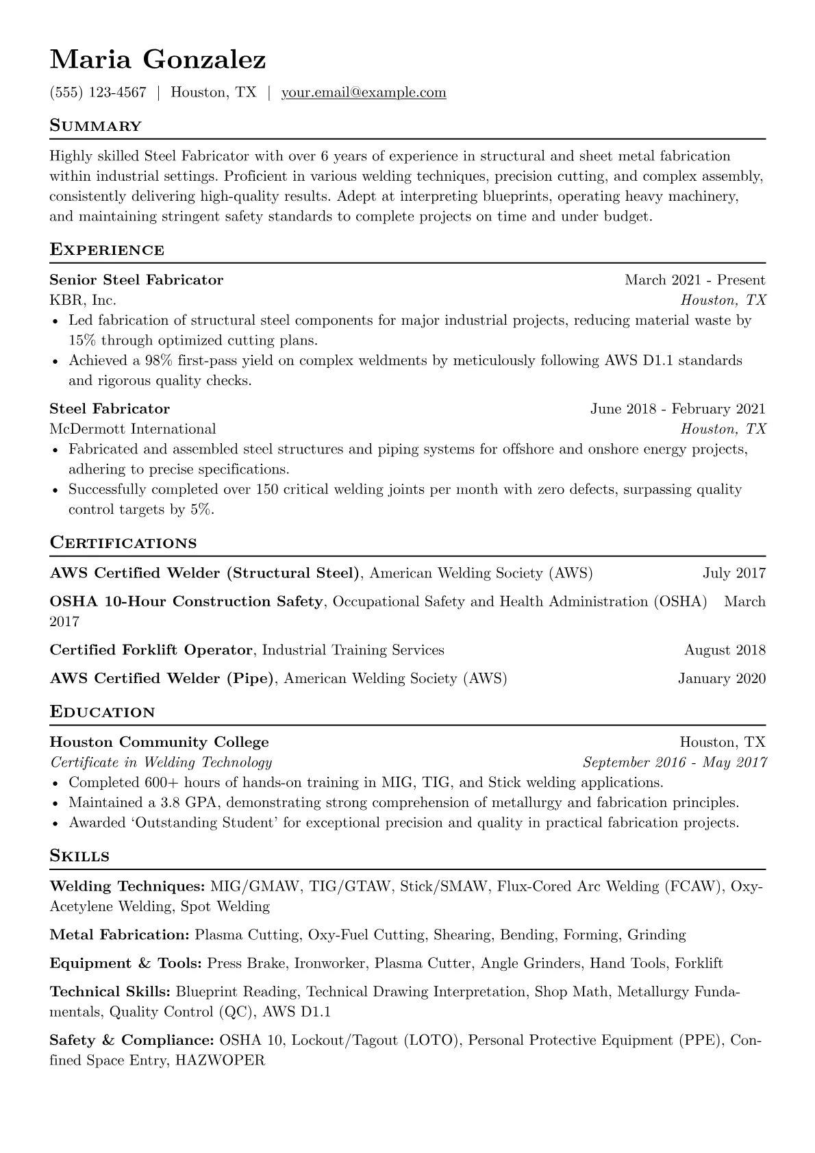 Steel Fabricator Resume Example CV template - Page 1