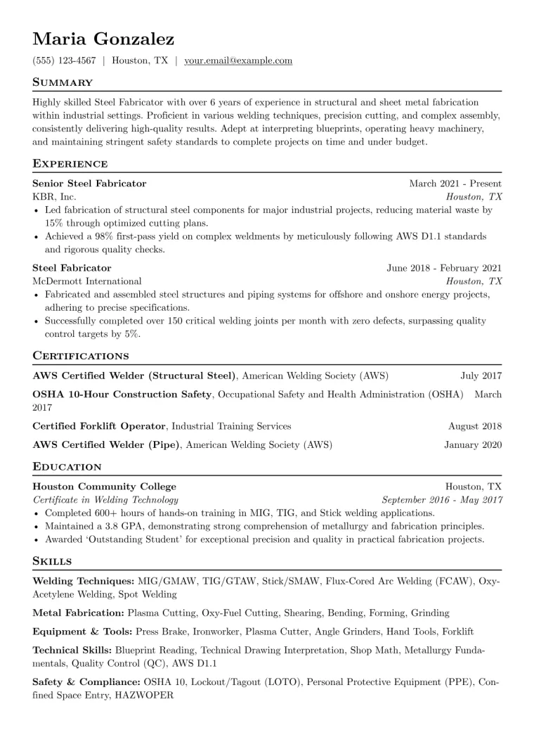 Steel Fabricator Resume Example CV template preview