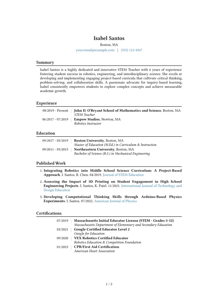 STEM Teacher Resume Example CV template preview