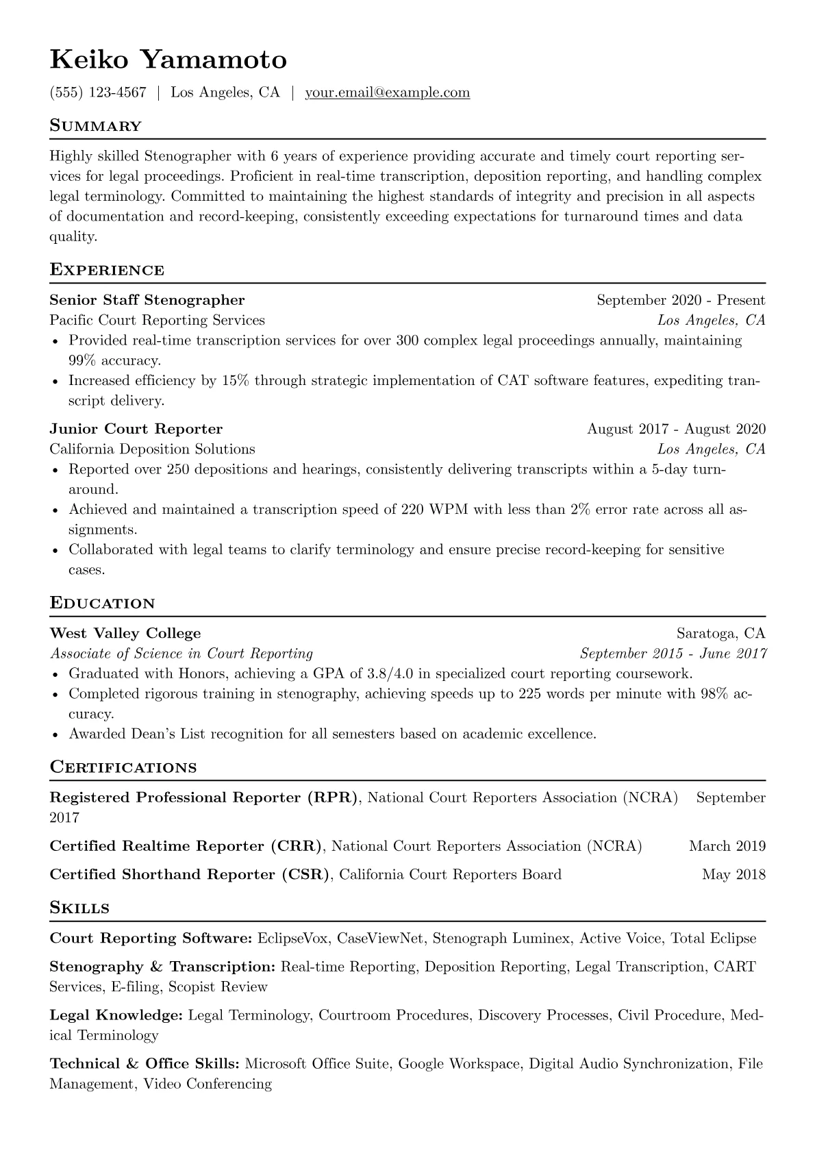 Stenographer Resume Example CV template - Page 1