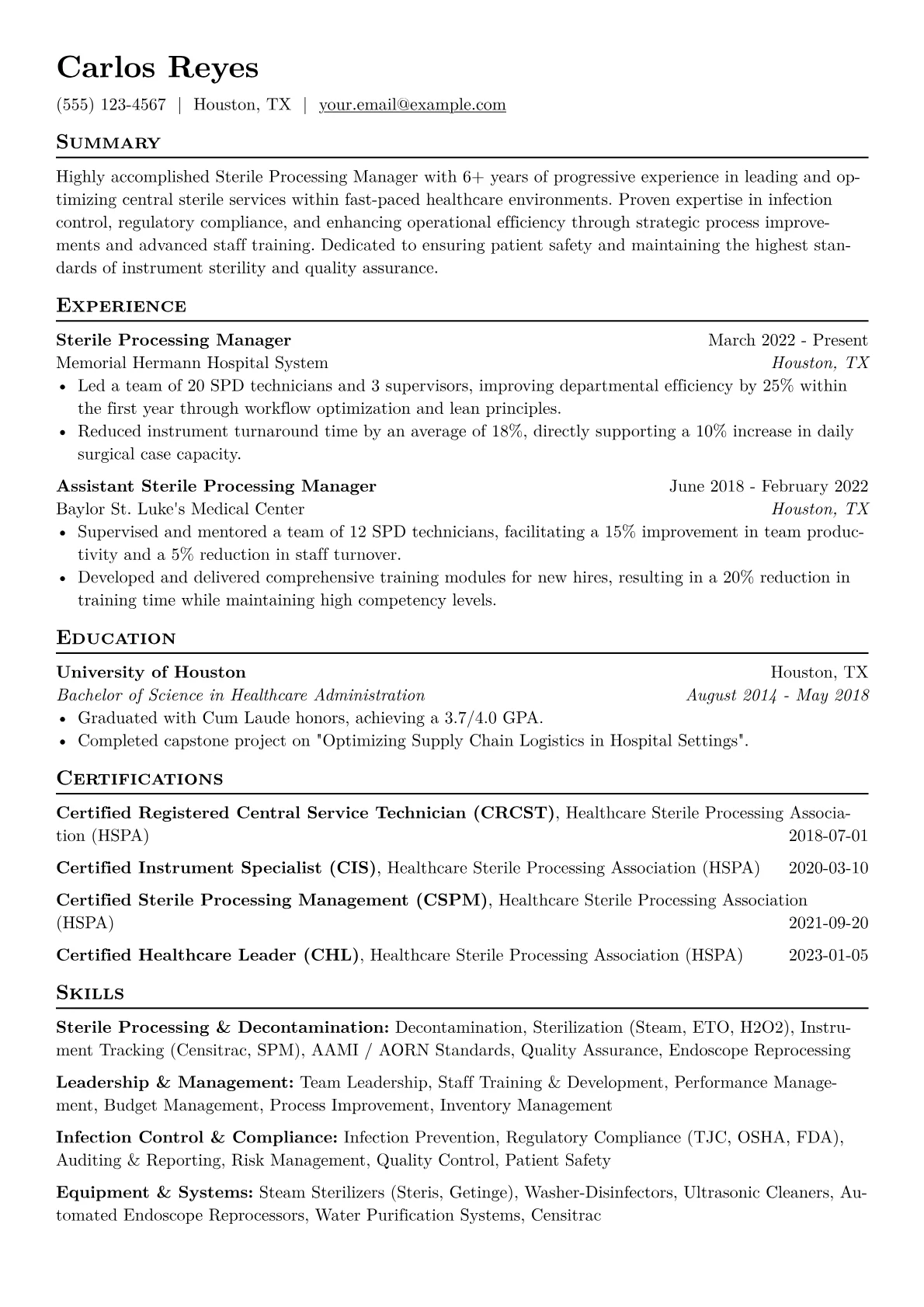 Sterile Processing Manager Resume Example CV template - Page 1