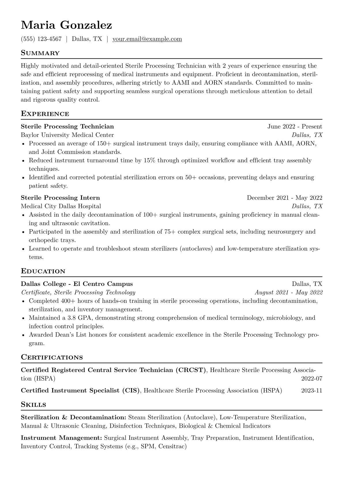 Sterile Processing Technician Resume Example CV template - Page 1
