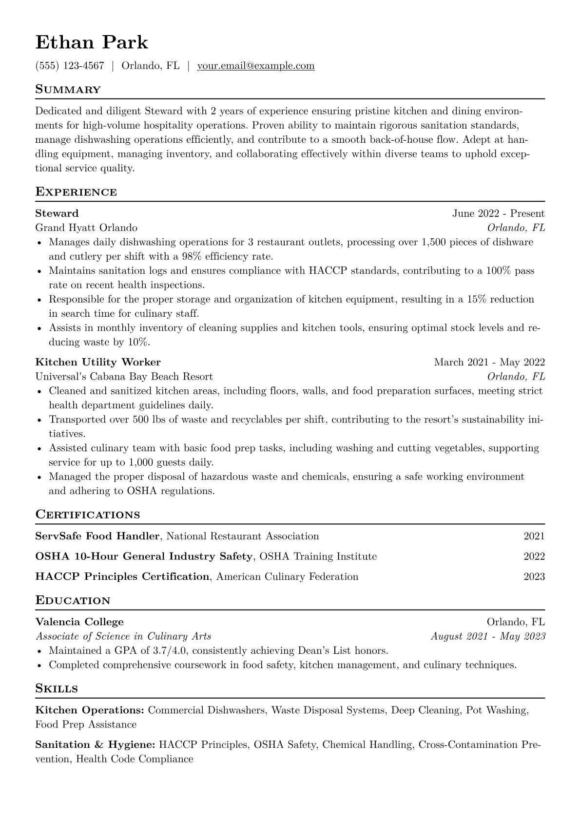 Steward Resume Example CV template - Page 1