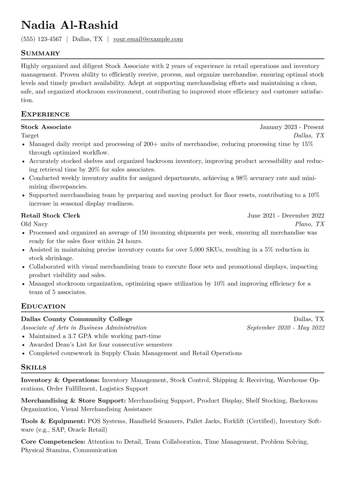 Stock Associate Resume Example CV template - Page 1