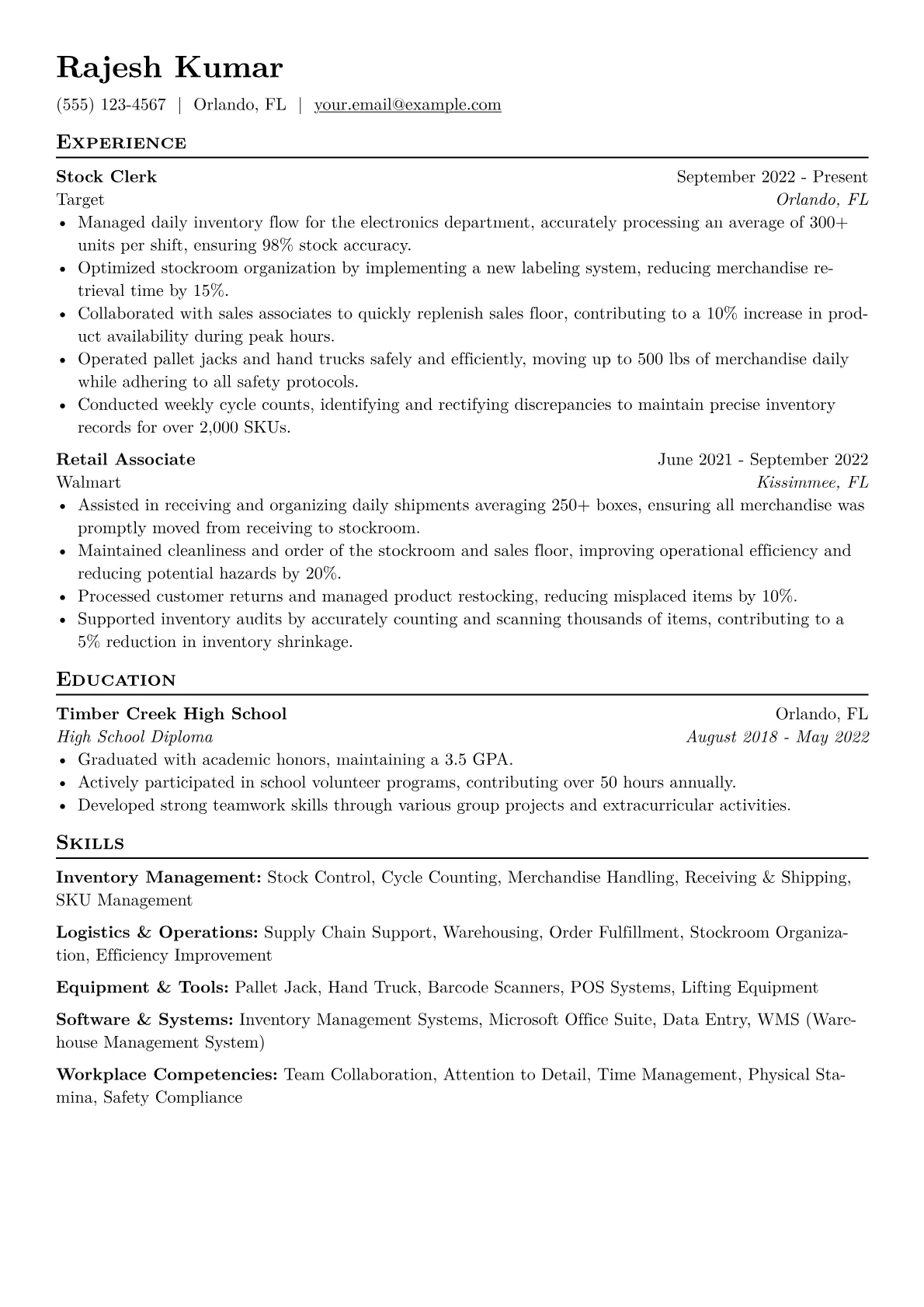 Stock Clerk Resume Example CV template - Page 1
