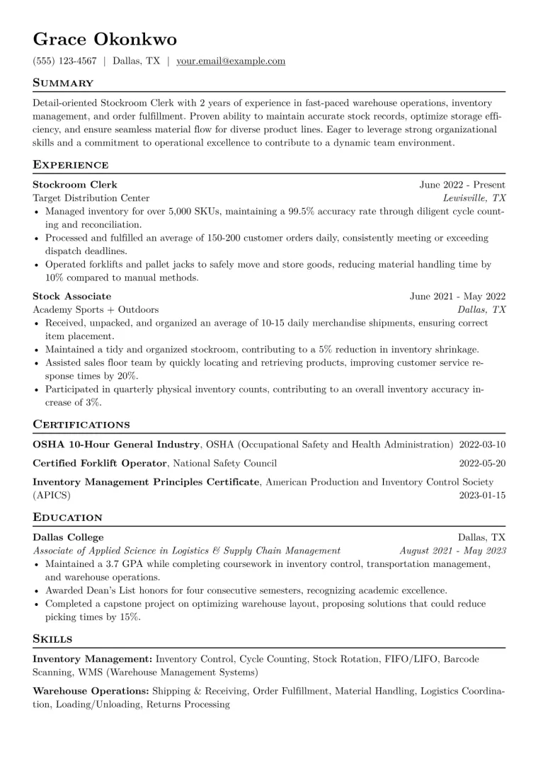 Stockroom Clerk Resume Example CV template preview