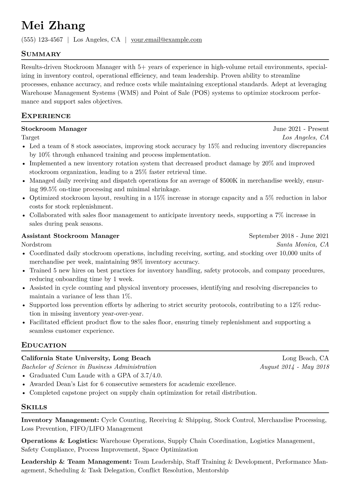Stockroom Manager Resume Example CV template - Page 1