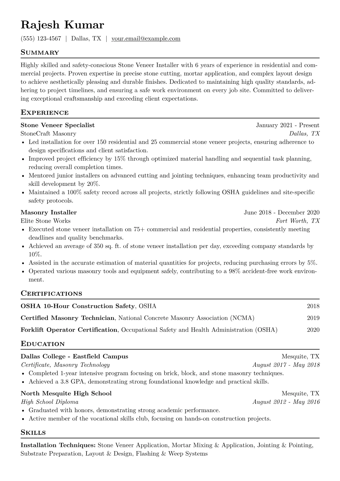 Stone Veneer Installer Resume Example CV template - Page 1