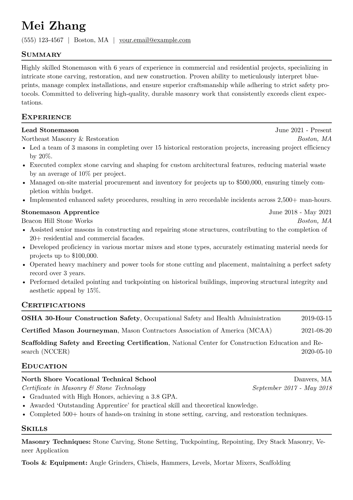Stonemason Resume Example CV template - Page 1