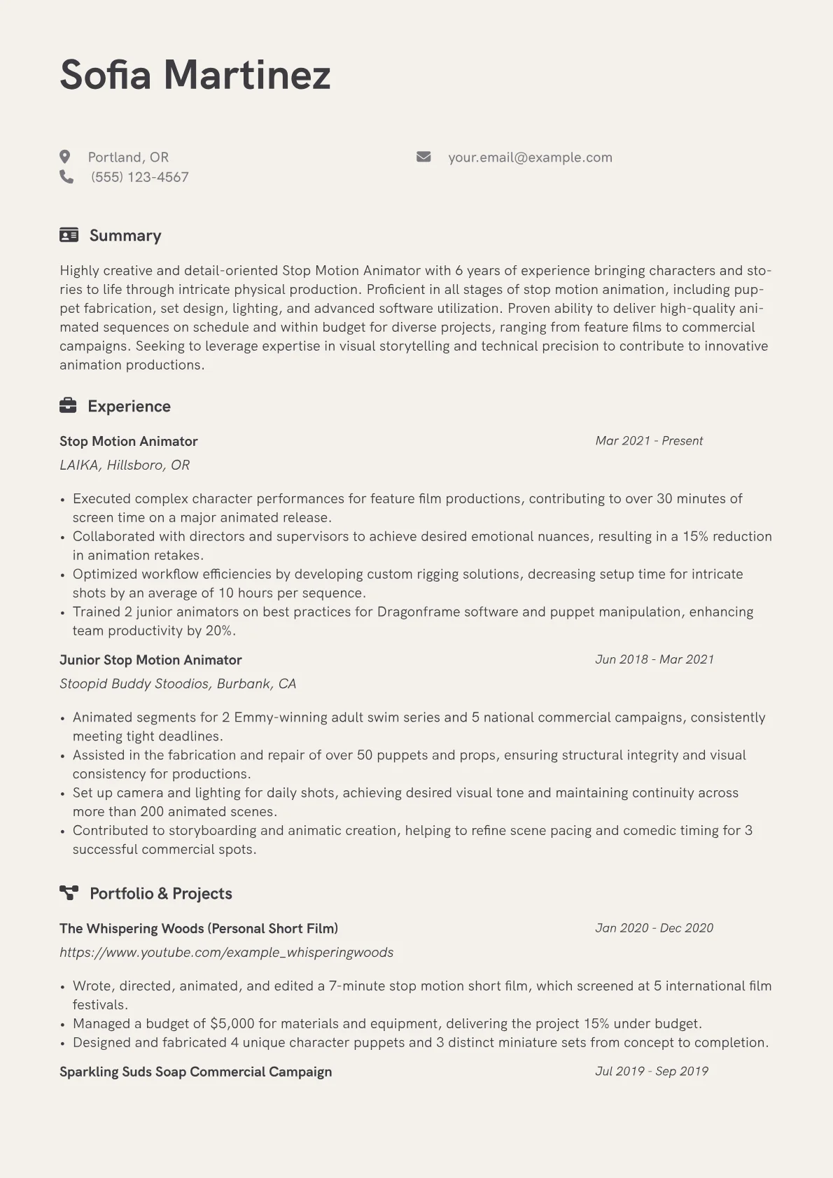 Stop Motion Animator Resume Example CV template - Page 1