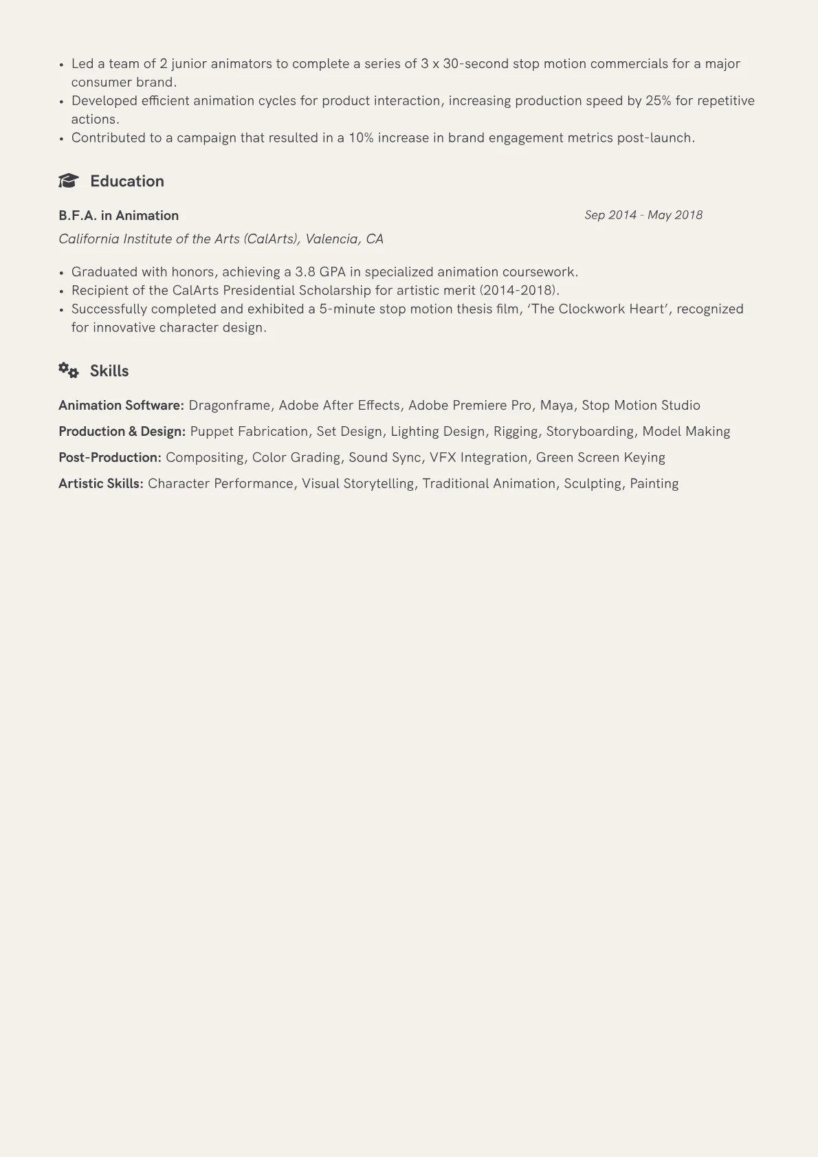Stop Motion Animator Resume Example CV template - Page 2
