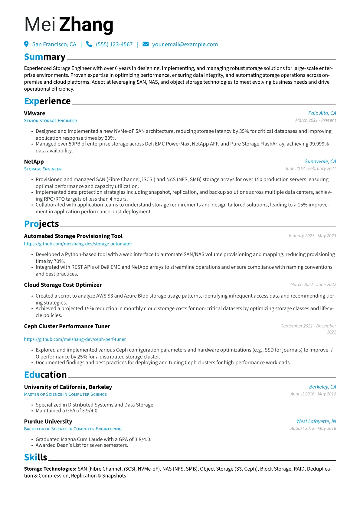 Storage Engineer Resume Example CV template - Page 1