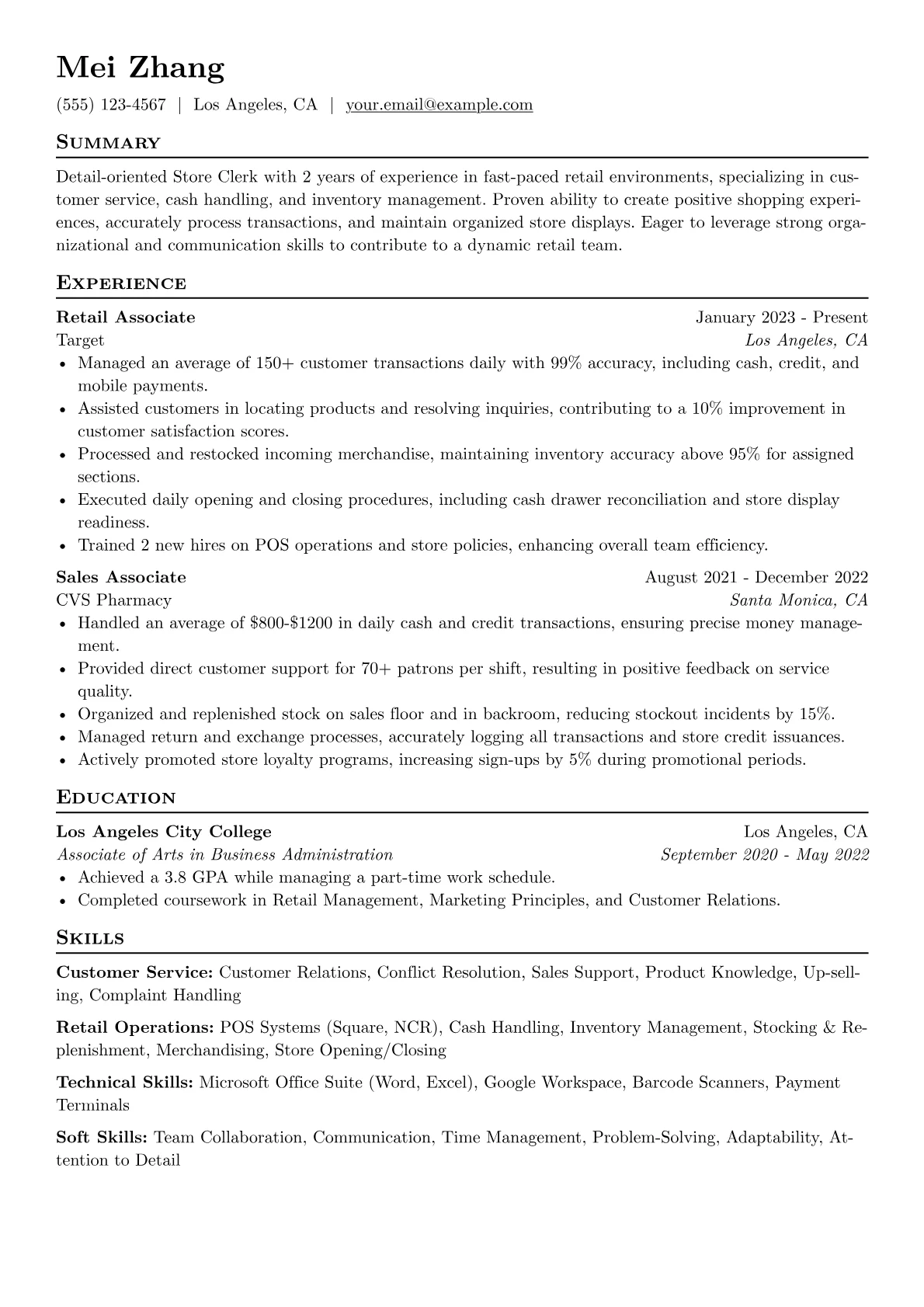 Store Clerk Resume Example CV template - Page 1