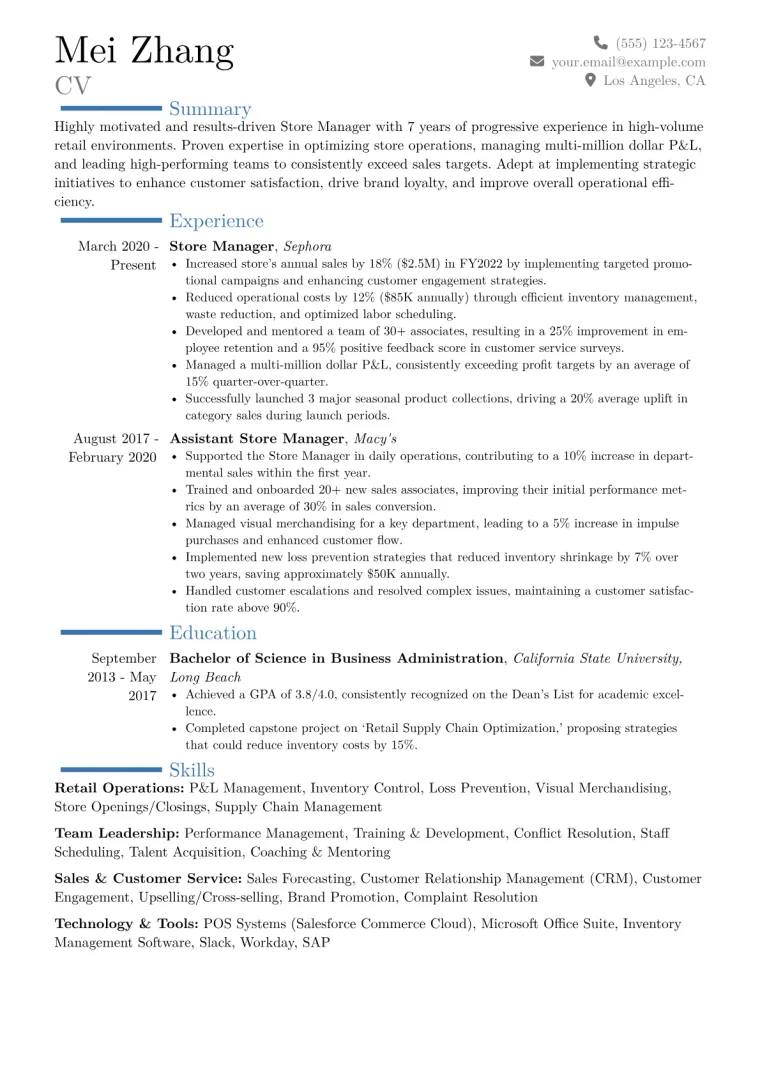 Store Manager Resume Example CV template preview