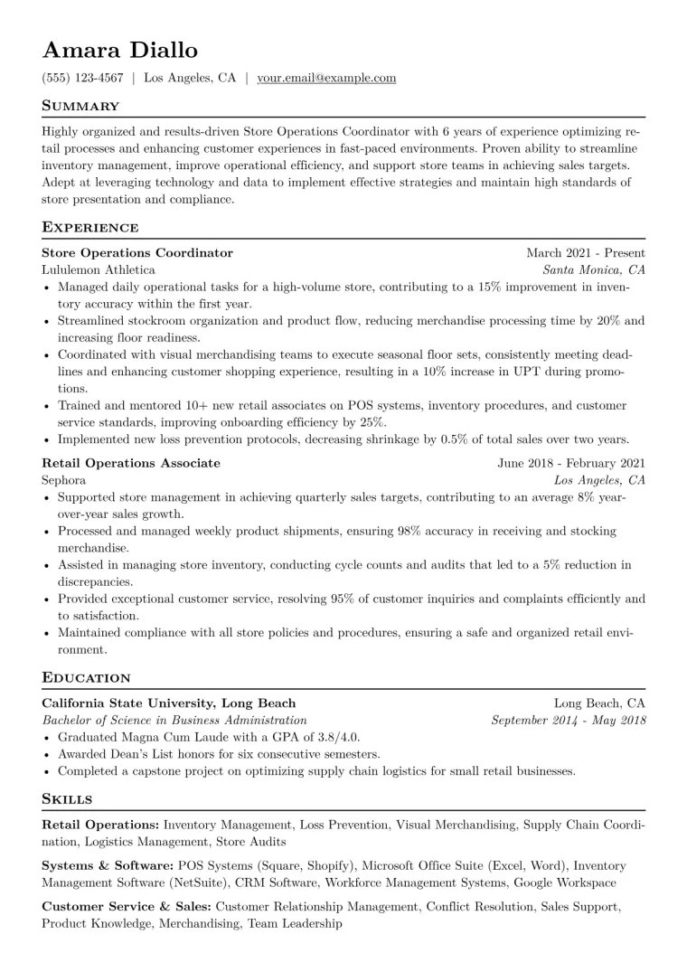 Store Operations Coordinator Resume Example CV template preview