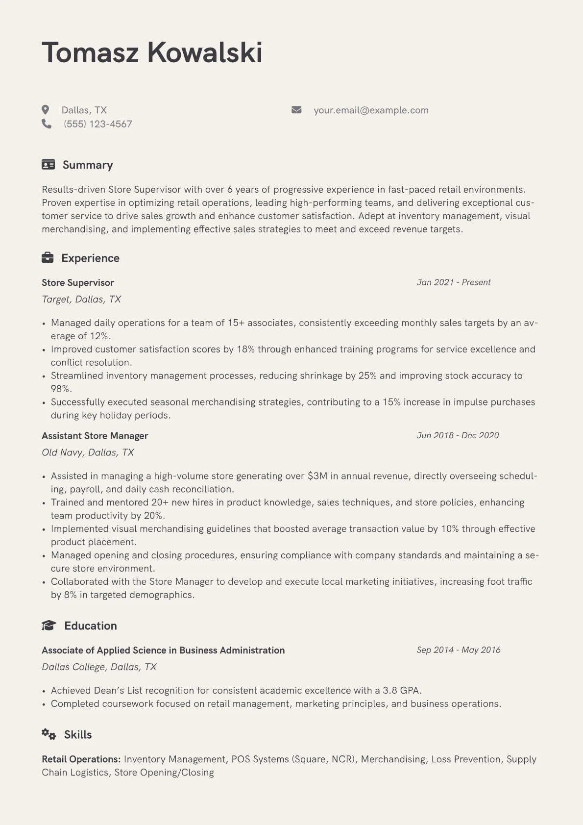 Store Supervisor Resume Example CV template - Page 1