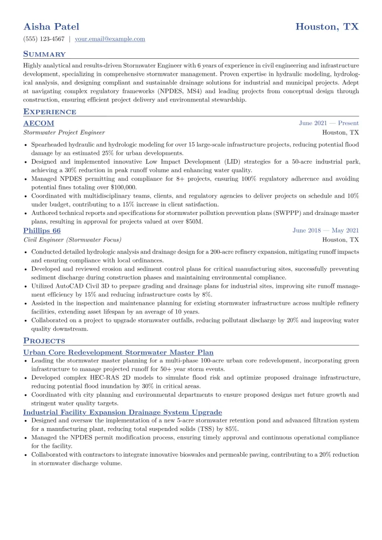 Stormwater Engineer Resume Example CV template preview