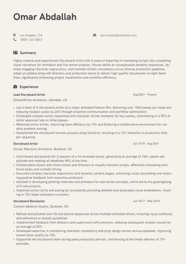 Storyboard Artist Resume Example CV template preview