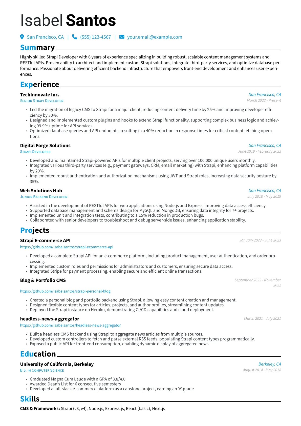 Strapi Developer Resume Example CV template - Page 1
