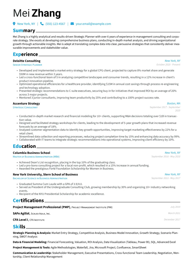 Strategic Planner Resume Example CV template preview