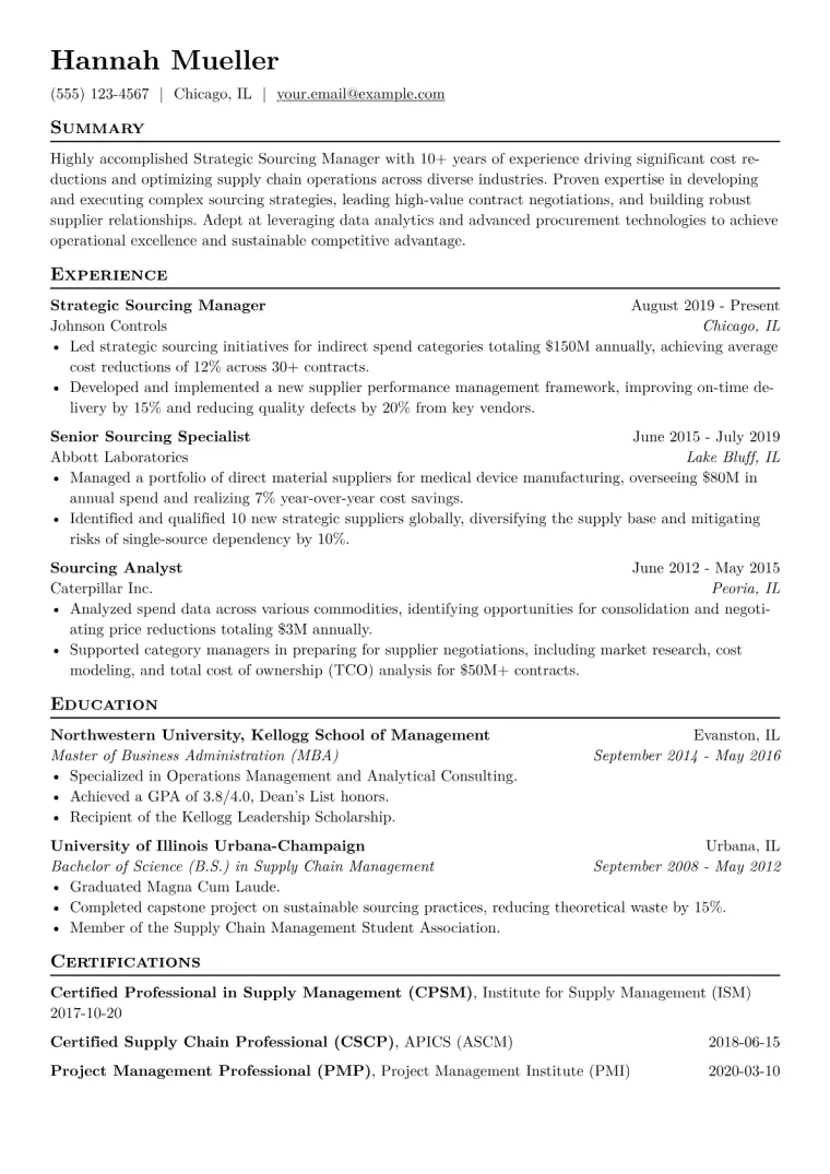 Strategic Sourcing Manager Resume Example CV template preview