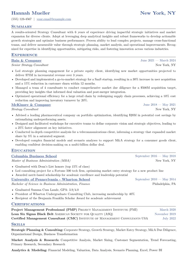 Strategy Consultant Resume Example CV template preview