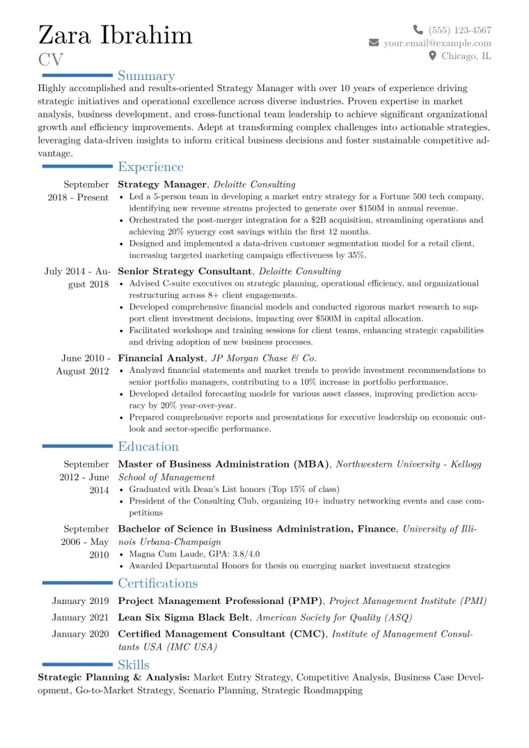 Strategy Manager Resume Example CV template preview