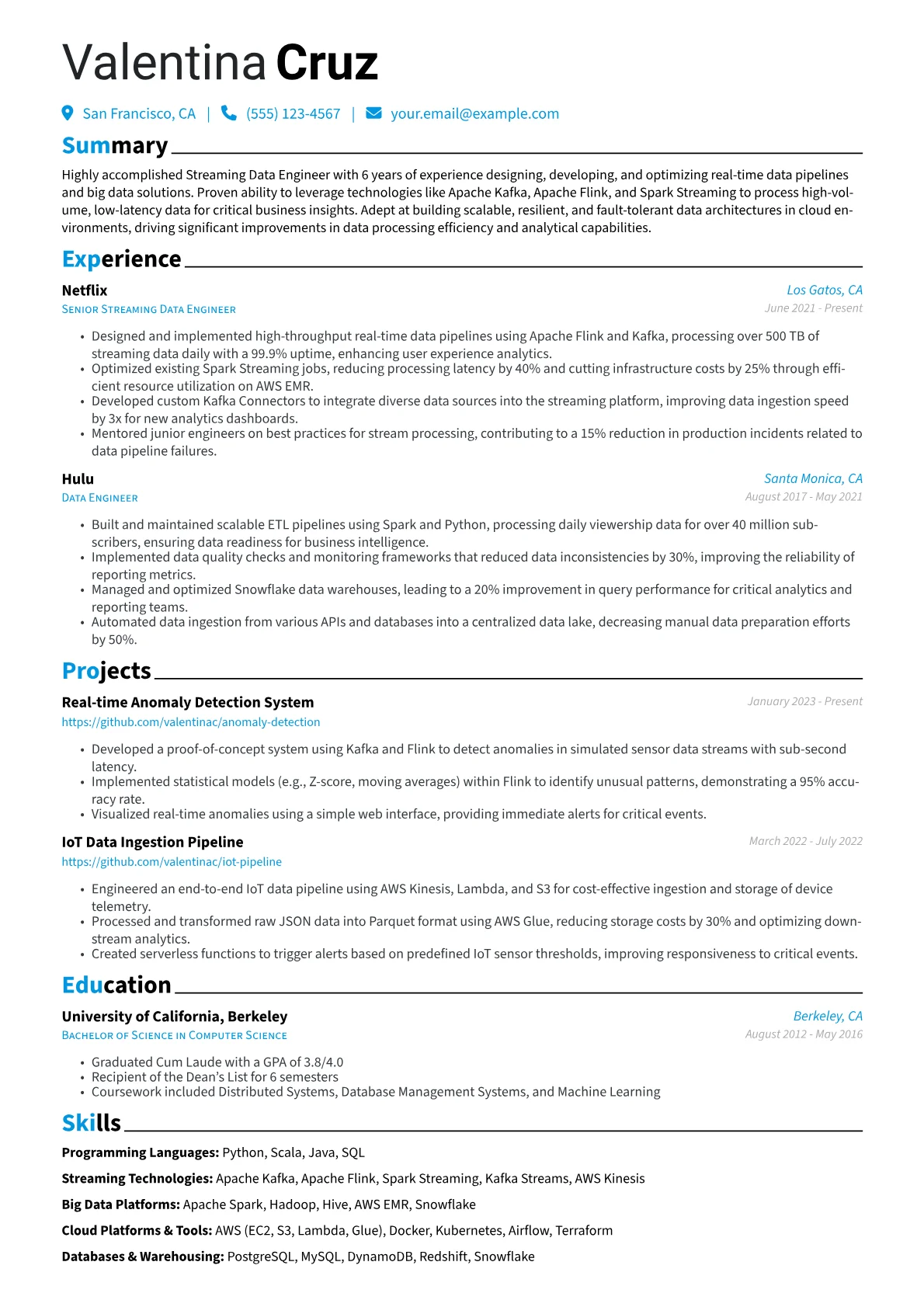 Streaming Data Engineer Resume Example CV template - Page 1