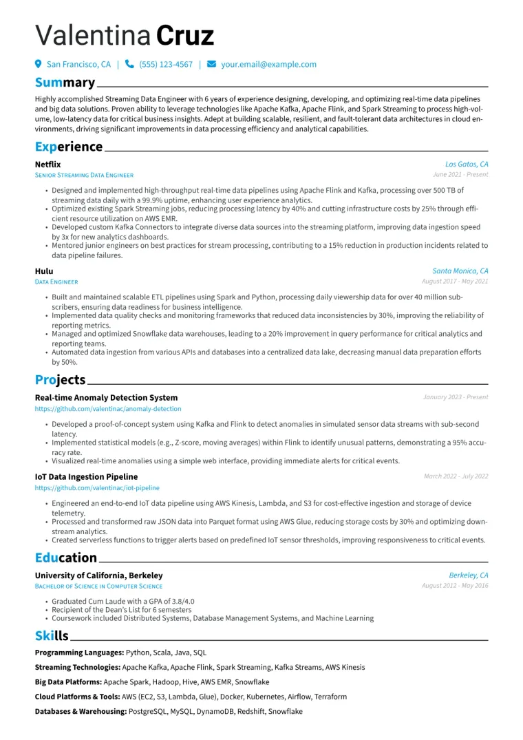 Streaming Data Engineer Resume Example CV template preview