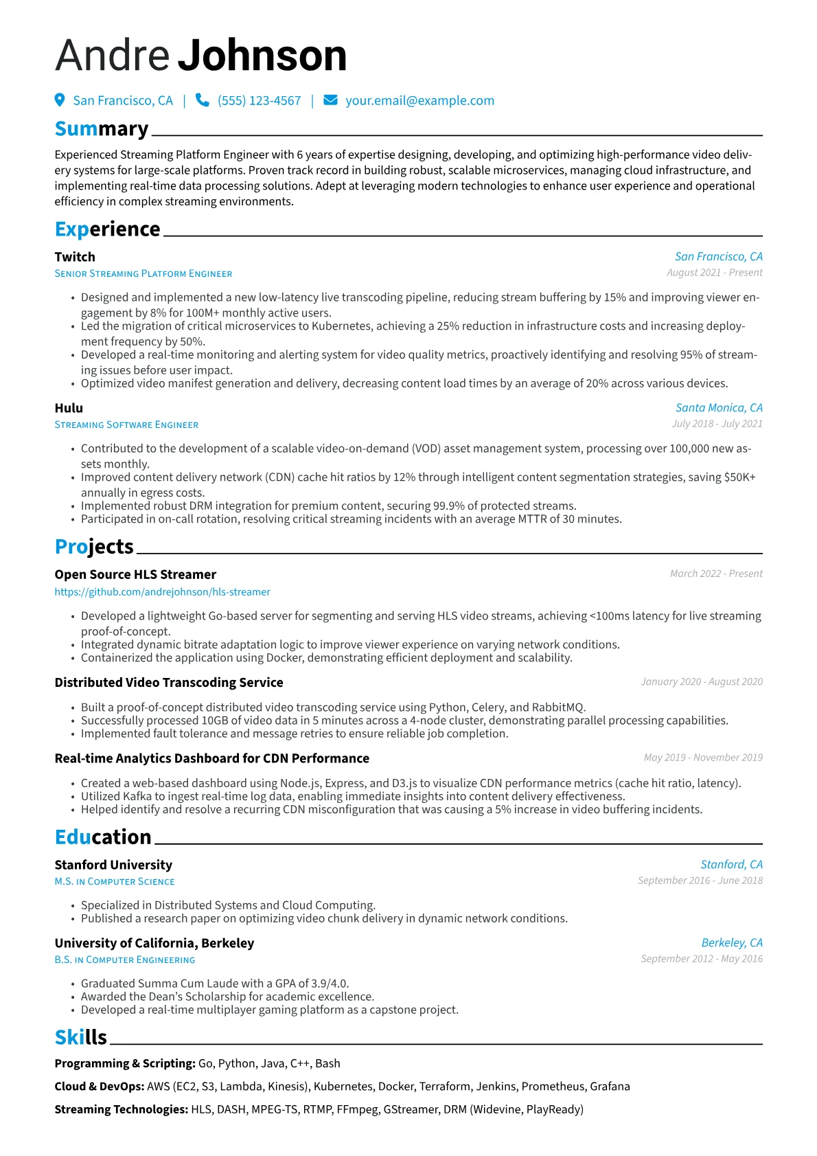 Streaming Platform Engineer Resume Example CV template - Page 1