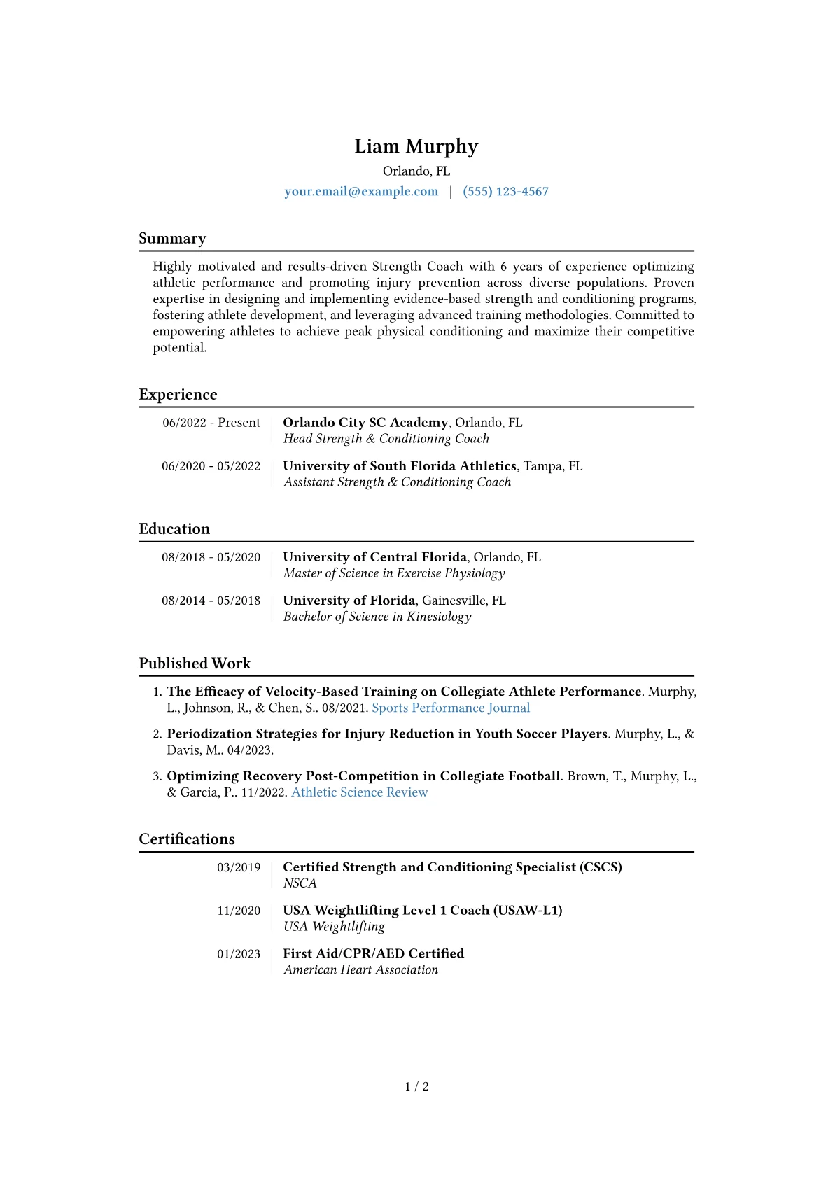 Strength Coach Resume Example CV template - Page 1