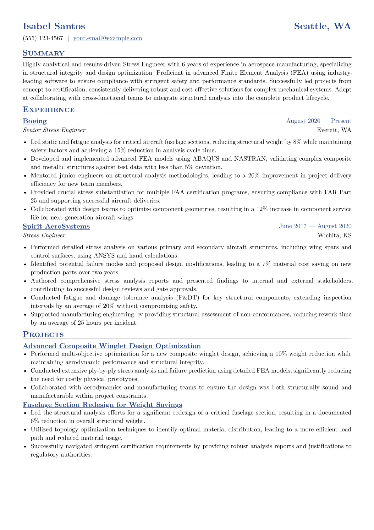 Stress Engineer Resume Example CV template - Page 1