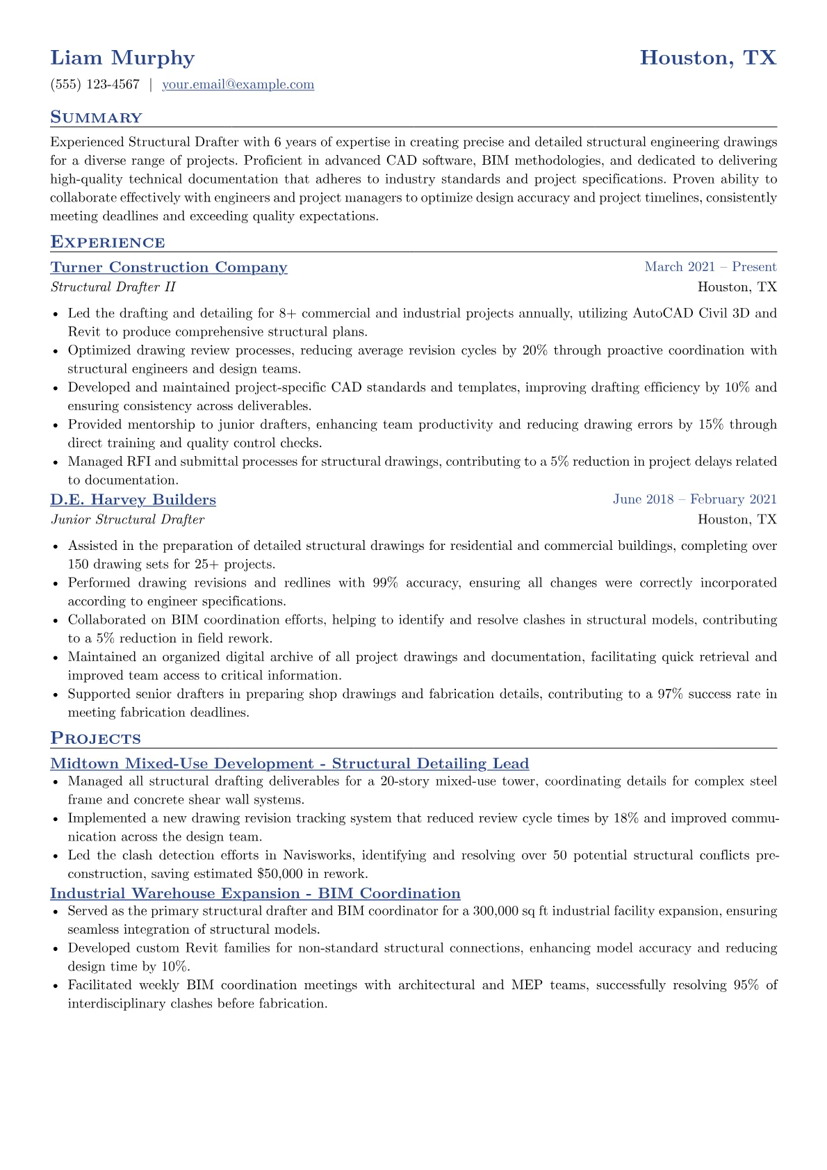 Structural Drafter Resume Example CV template - Page 1