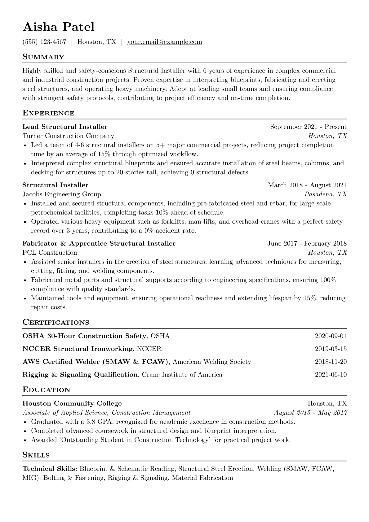 Structural Installer Resume Example CV template - Page 1