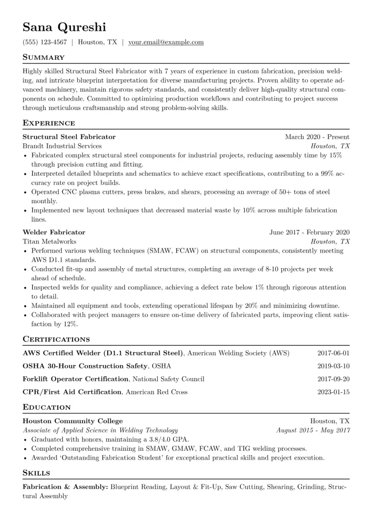 Structural Steel Fabricator Resume Example CV template preview