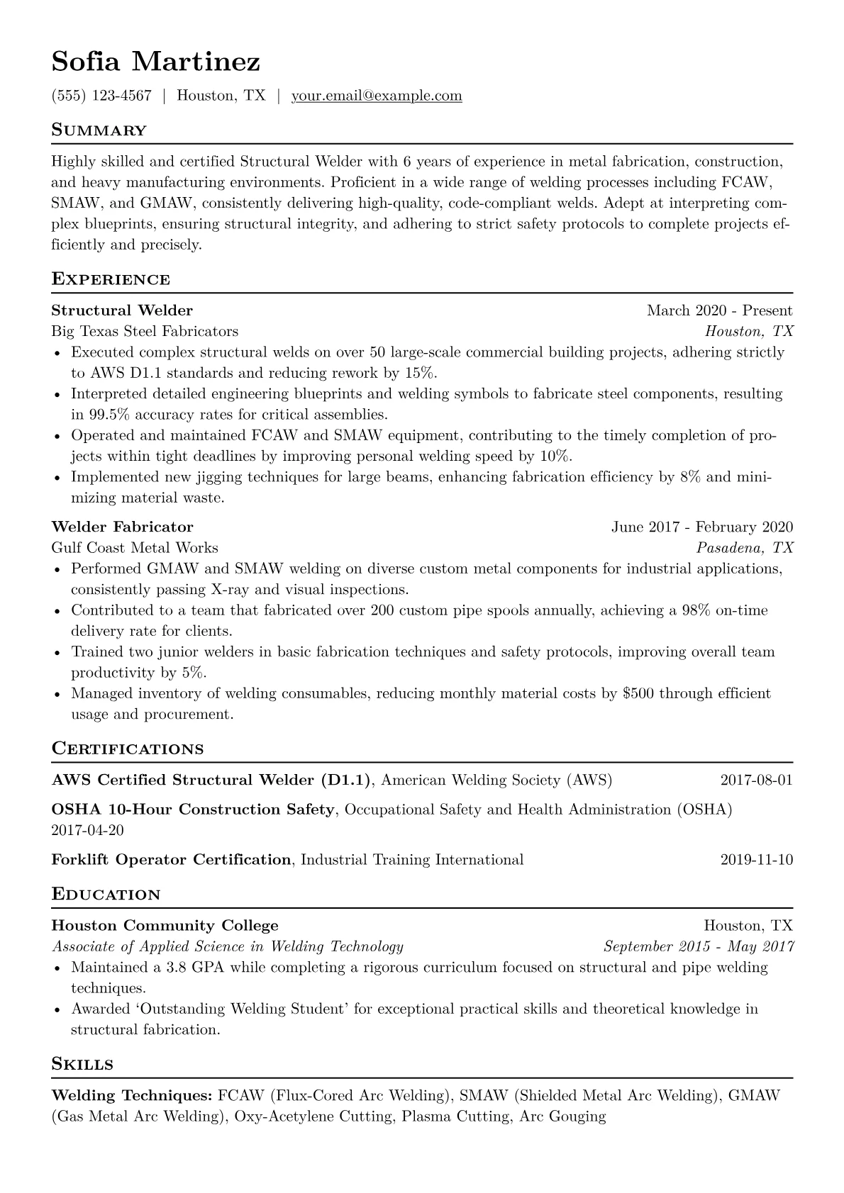 Structural Welder Resume Example CV template - Page 1